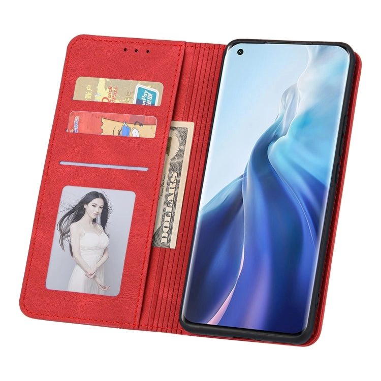 For Xiaomi Mi 11 Skin Feel Pressure Line Magnetic Horizontal Flip Leather Case with Holder