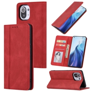 For Xiaomi Mi 11 Skin Feel Pressure Line Magnetic Horizontal Flip Leather Case with Holder
