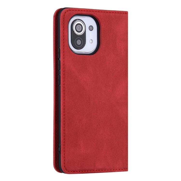 For Xiaomi Mi 11 Skin Feel Pressure Line Magnetic Horizontal Flip Leather Case with Holder