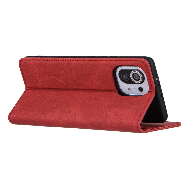 For Xiaomi Mi 11 Skin Feel Pressure Line Magnetic Horizontal Flip Leather Case with Holder