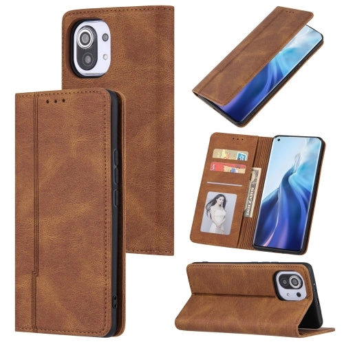 For Xiaomi Mi 11 Skin Feel Pressure Line Magnetic Horizontal Flip Leather Case with Holder