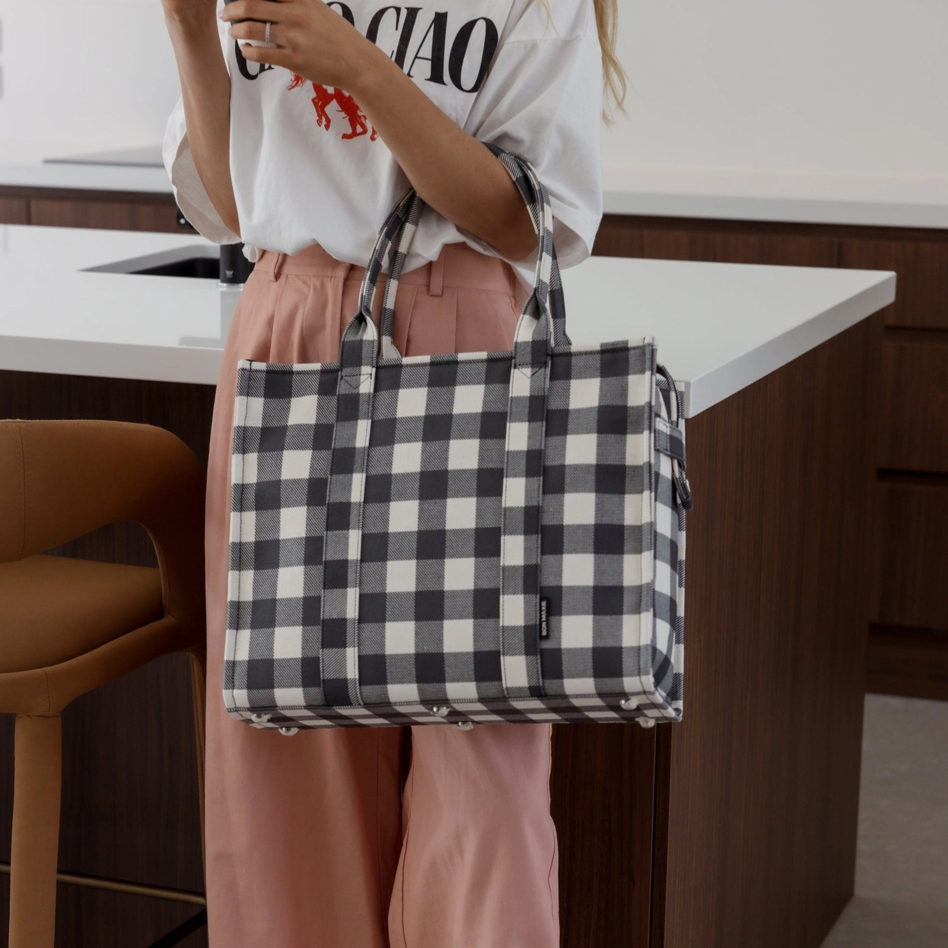 Large Bon Vivant Structured Tote Bag -- Black Gingham