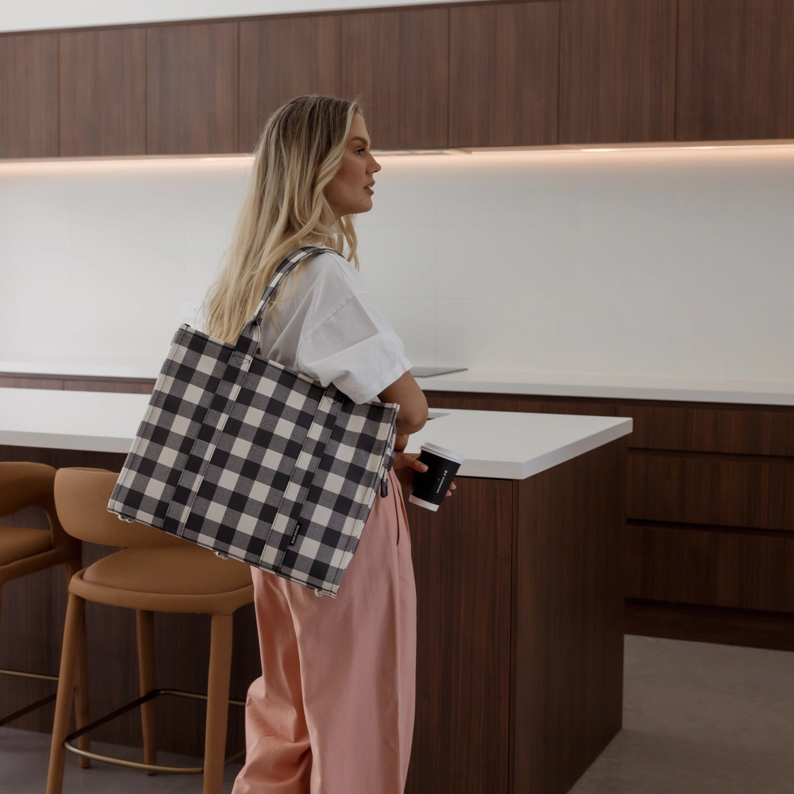 Large Bon Vivant Structured Tote Bag -- Black Gingham