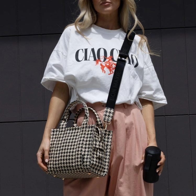 Micro Bon Vivant Structured Tote Bag -- Black Houndstooth
