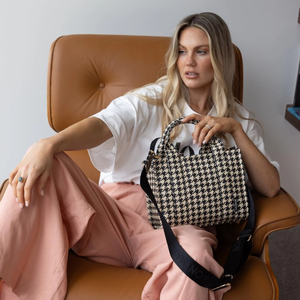 Micro Bon Vivant Structured Tote Bag -- Black Houndstooth