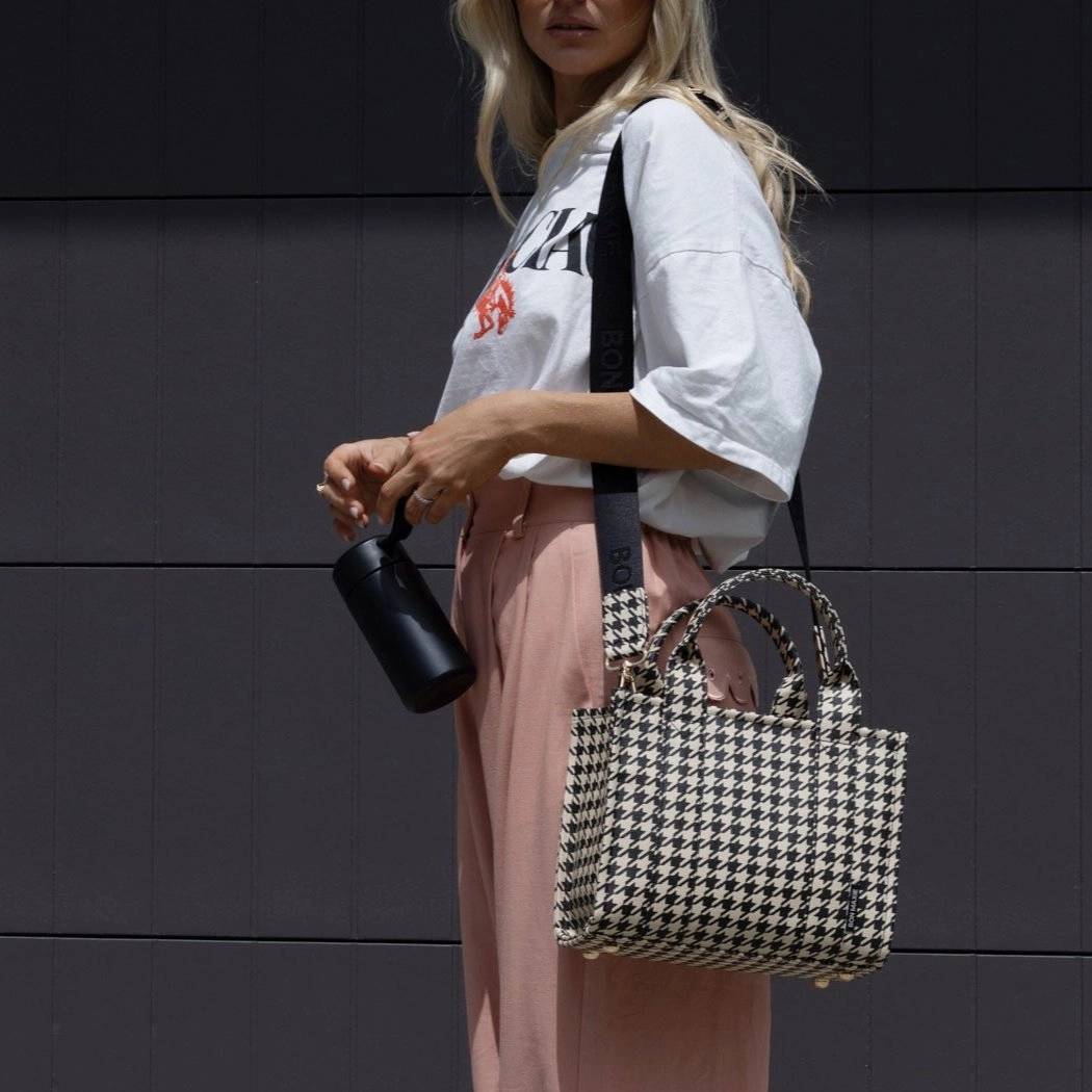 Micro Bon Vivant Structured Tote Bag -- Black Houndstooth