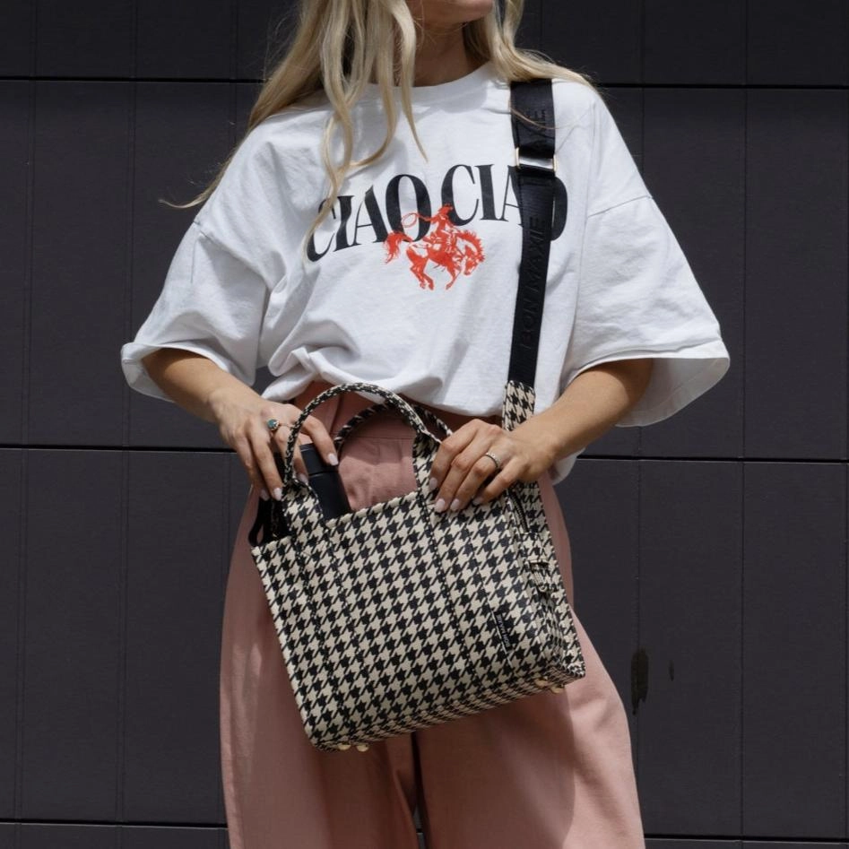 Micro Bon Vivant Structured Tote Bag -- Black Houndstooth
