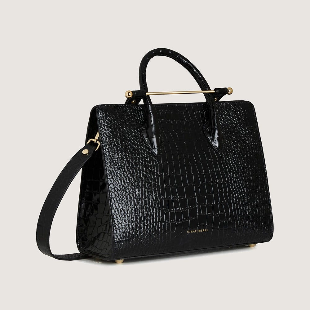 Midi Tote - Croc-Embossed Leather Black
