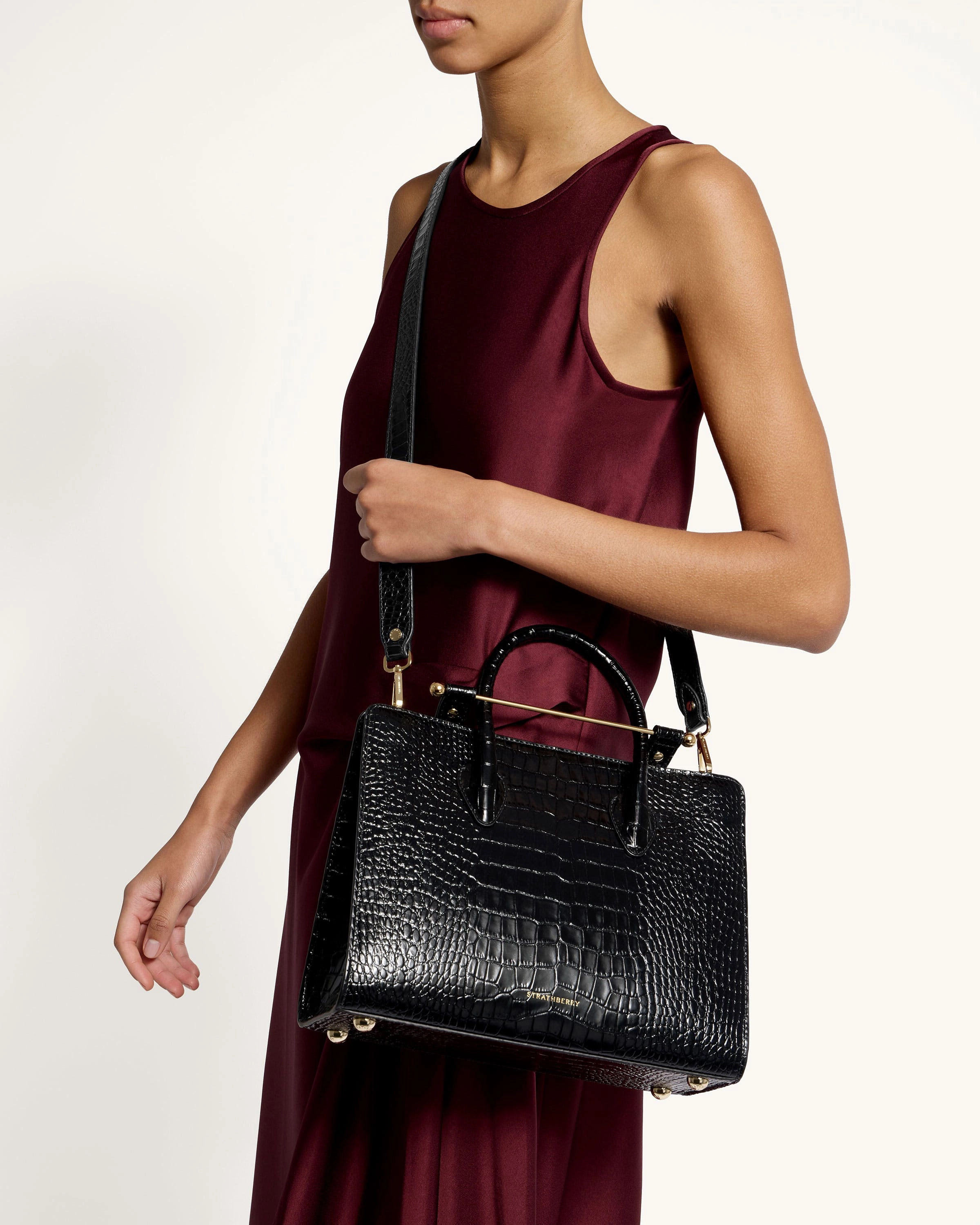 Midi Tote - Croc-Embossed Leather Black