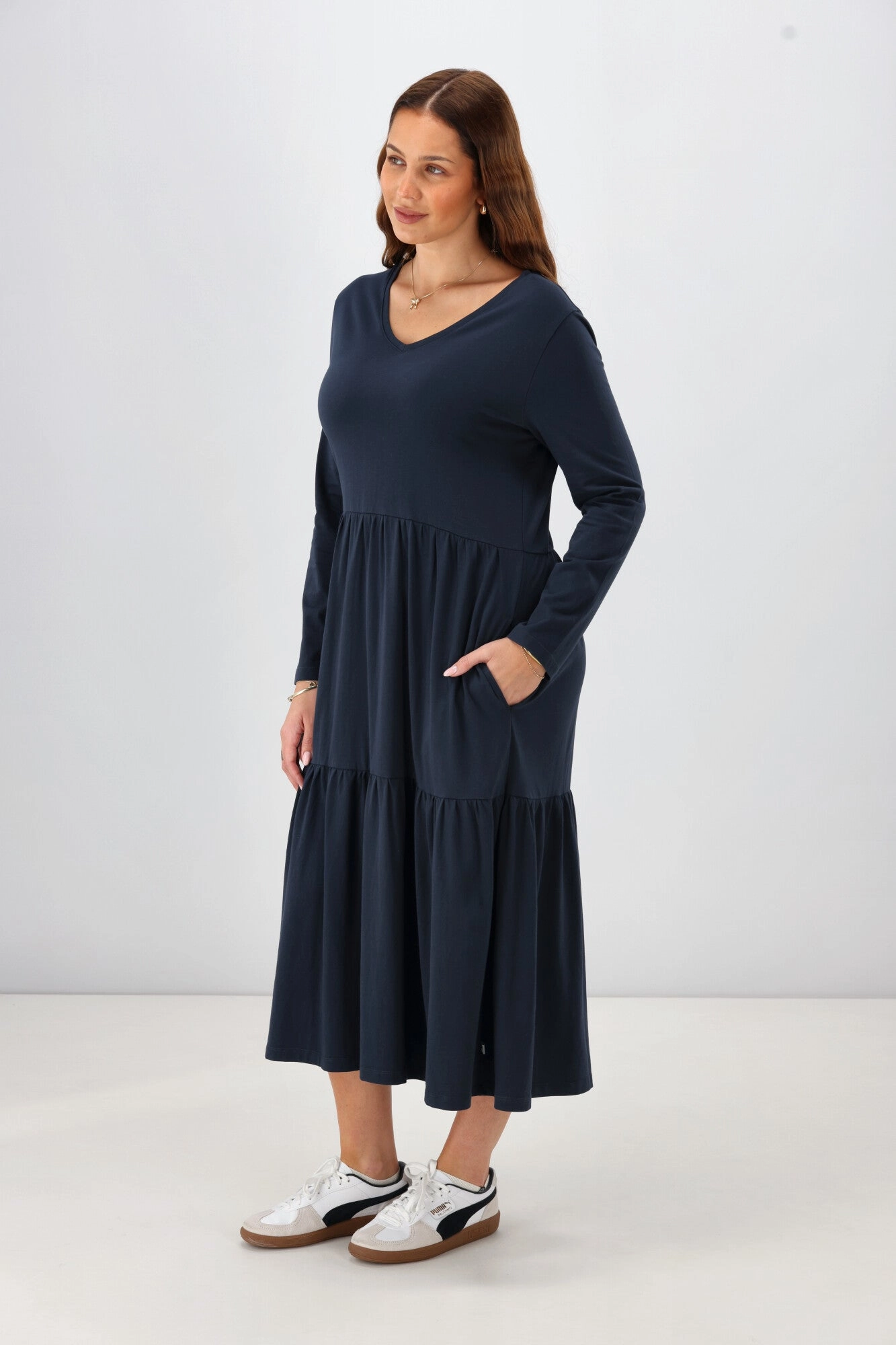 Shine On Essential Long Sleeve Tiered Dress Navy