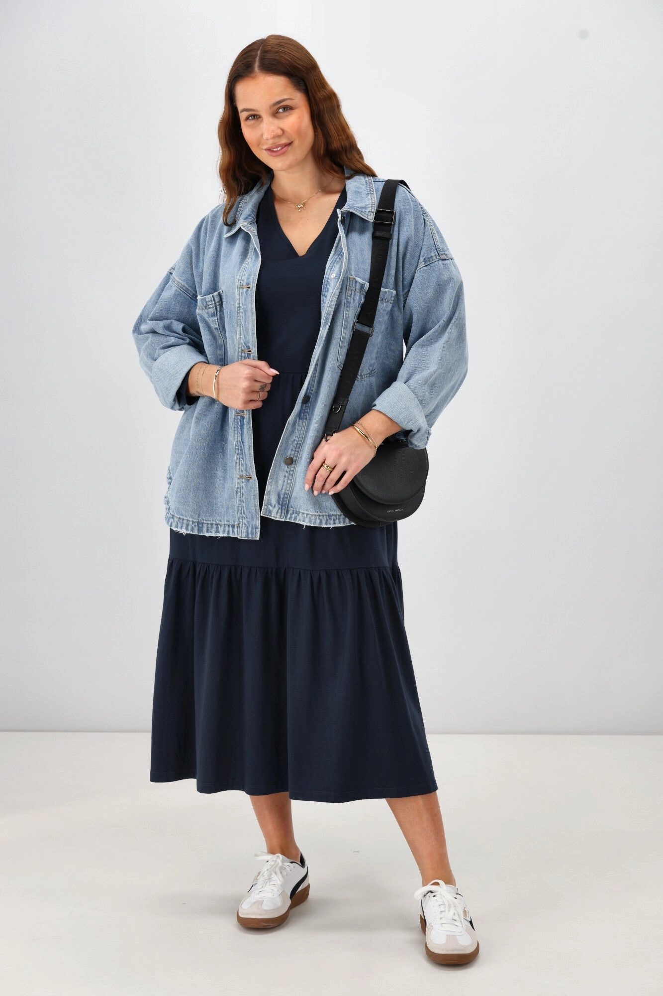 Shine On Essential Long Sleeve Tiered Dress Navy