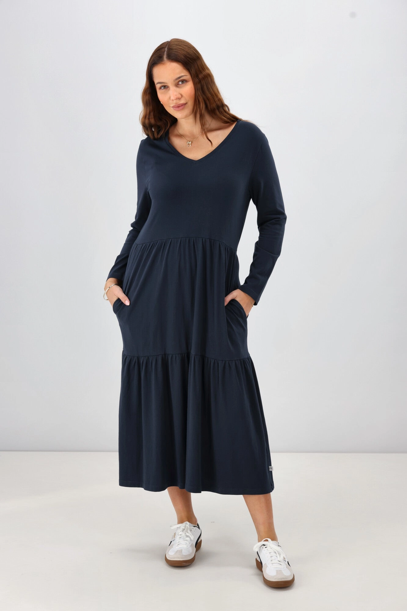 Shine On Essential Long Sleeve Tiered Dress Navy