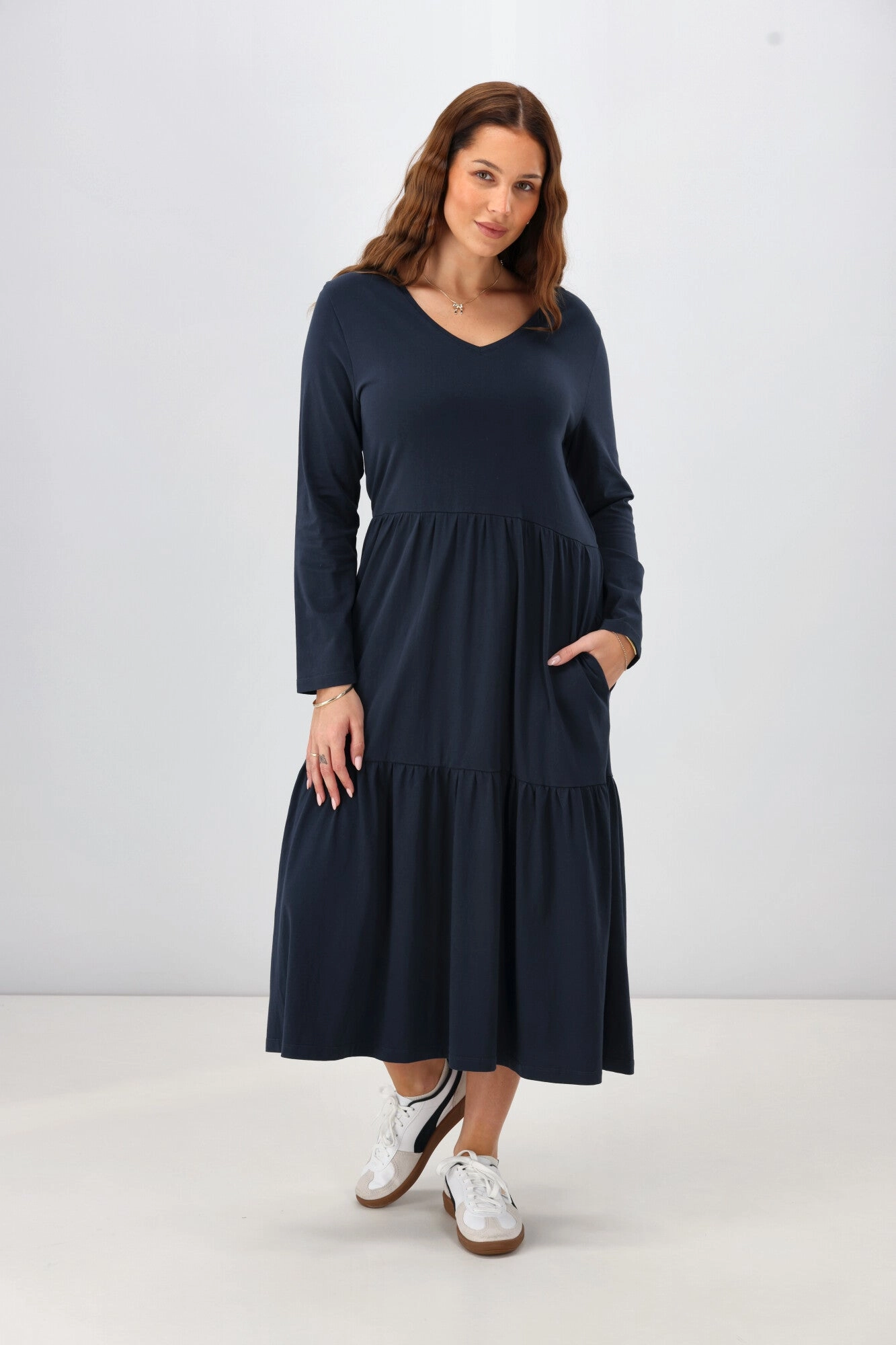 Shine On Essential Long Sleeve Tiered Dress Navy