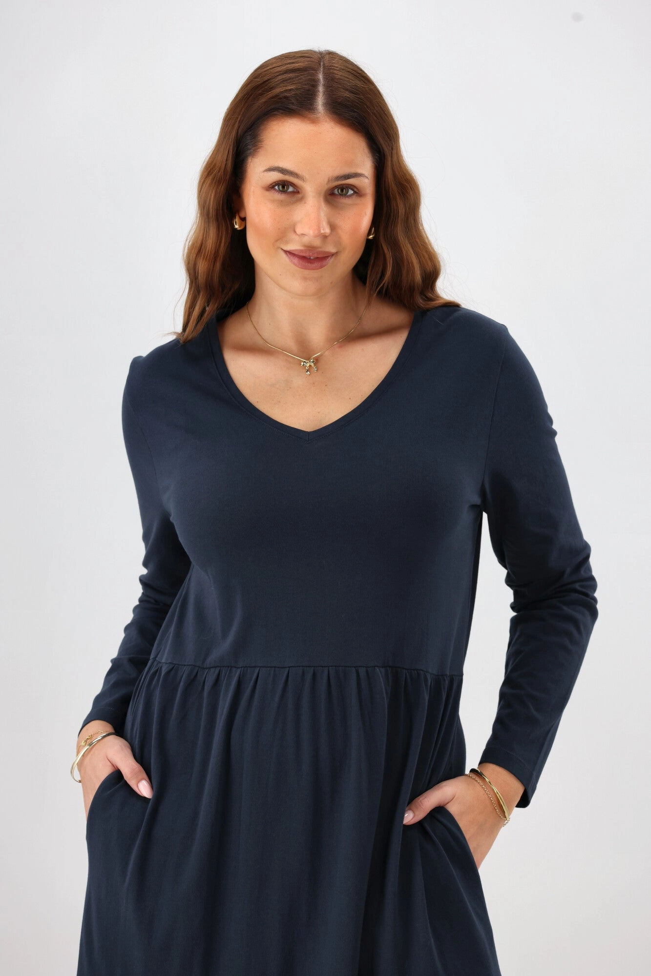 Shine On Essential Long Sleeve Tiered Dress Navy