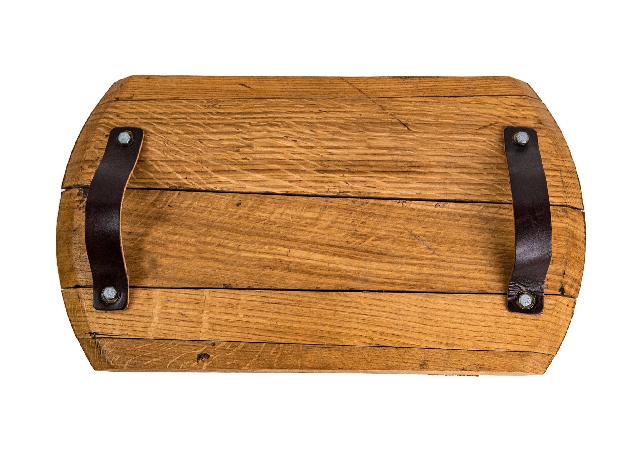 Your Logo   Our Barrels - The Butler Tennessee Whiskey Barrel Serving Tray with Leather Handles - Custom Logo and Corporate Gifting