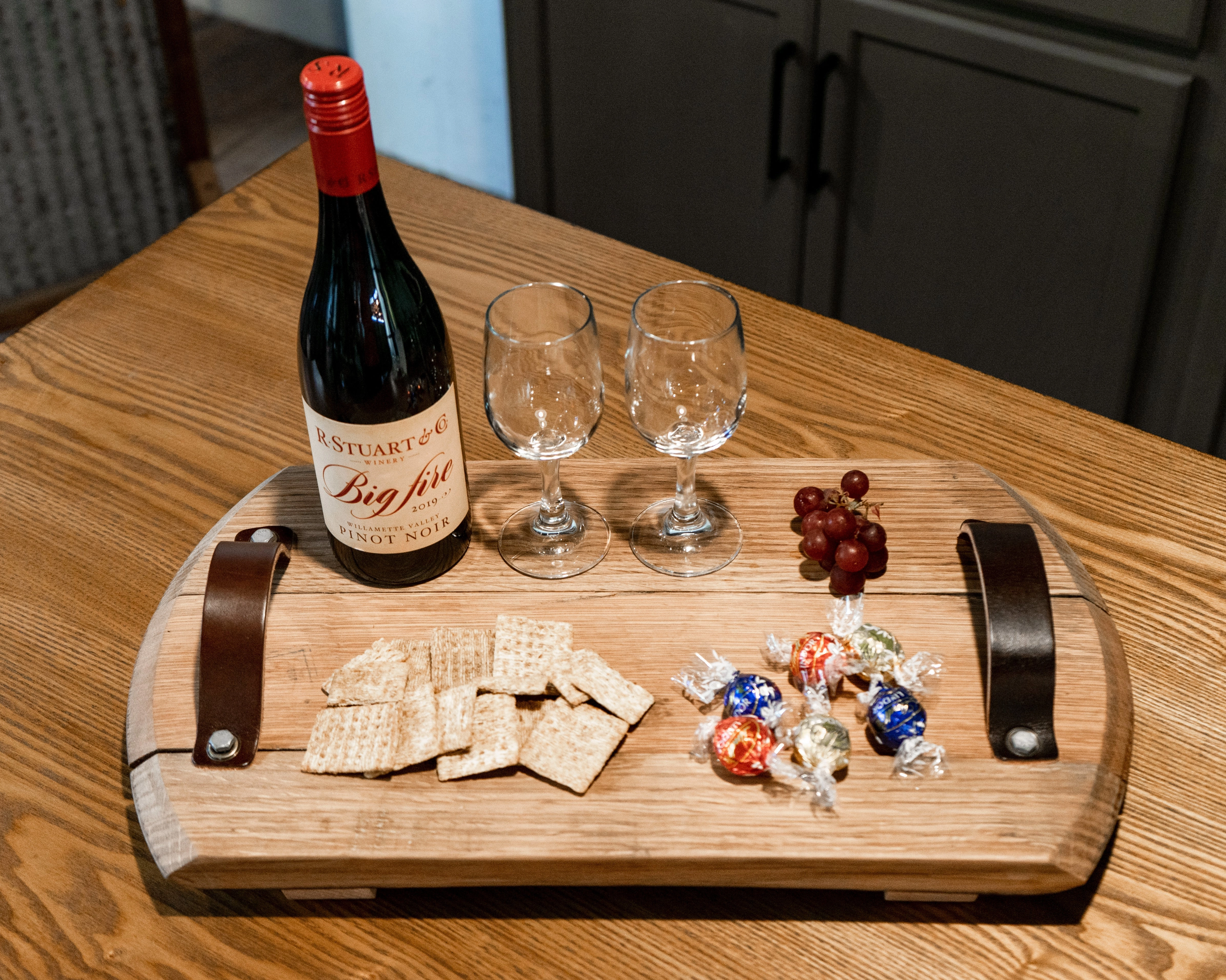 Your Logo   Our Barrels - The Butler Tennessee Whiskey Barrel Serving Tray with Leather Handles - Custom Logo and Corporate Gifting