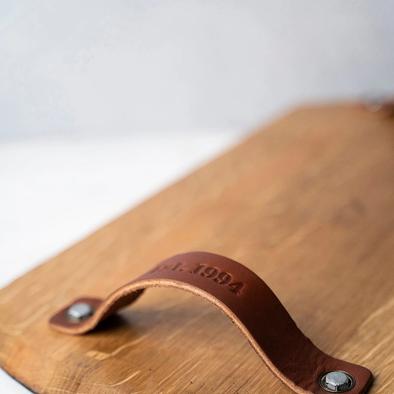 Your Logo   Our Barrels - The Butler Tennessee Whiskey Barrel Serving Tray with Leather Handles - Custom Logo and Corporate Gifting